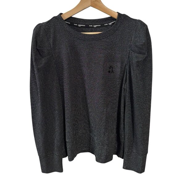 Karl Lagerfeld Paris Black Metallic Puff‎ Sleeve Studded Logo Popover Knit Top M - Picture 1 of 9